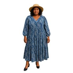 Joie Elegant Blue Paisley tiered long maxi Dress modest long sleeve XL coastal